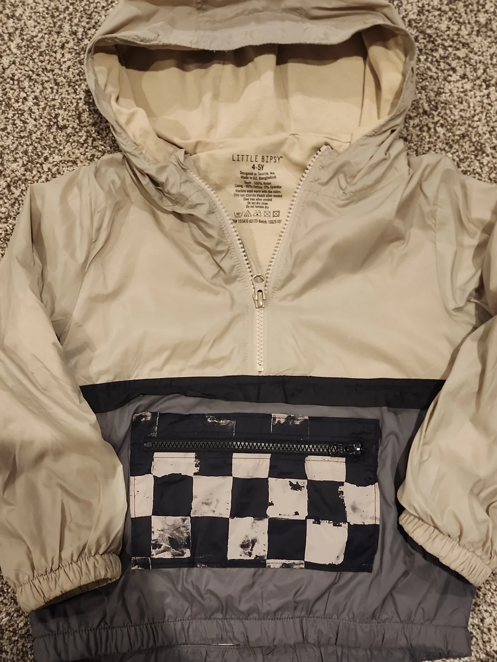 Little Bipsy Beige & Gray Kids Hooded Anorak with Checkered Pocket